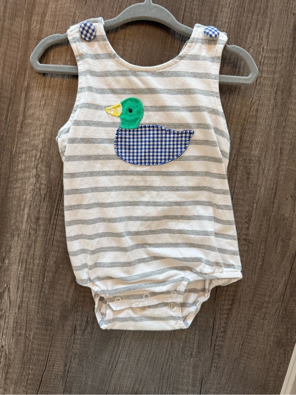 Striped Gray & White Duck Applique One-Piece Bodysuit